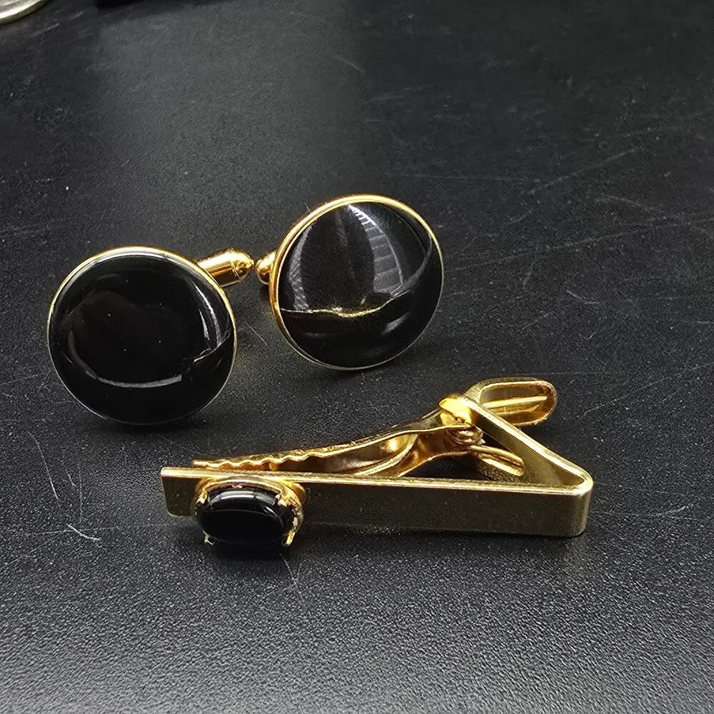 Gold Tone Black Enamel Round Cufflinks Tie Clip Tie Bar Set